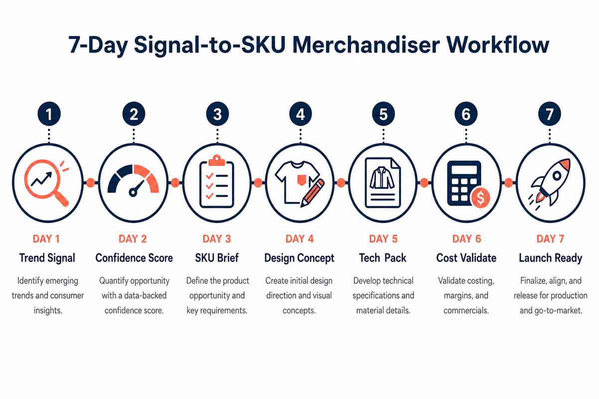 7-day signal-to-SKU workflow timeline from trend signal to launch ready