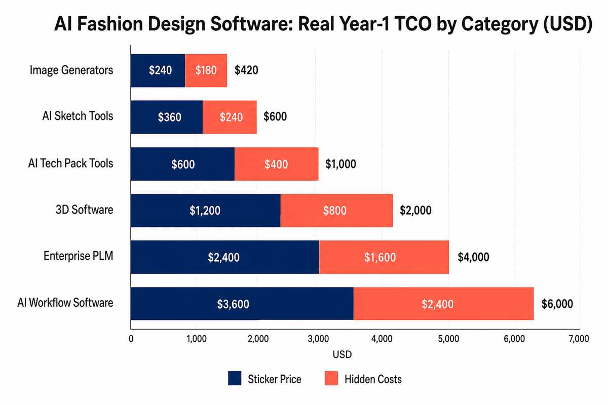 Stacked bar chart of Year-1 TCO for AI fashion design software across six categories