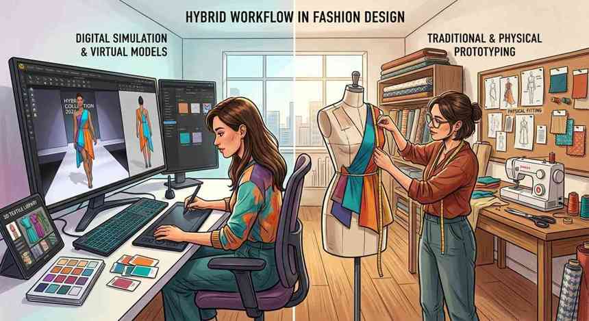 Illustration comparing hybrid digital and physical sampling workflows in fashion design.
