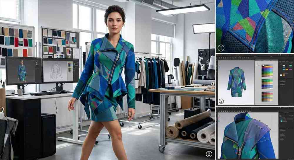 3D garment prototype displayed on a realistic avatar in a fashion studio, showcasing digital sampling technology.