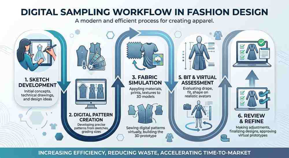 Infographic illustrating the digital sampling workflow in fashion design, showing each step of the process.