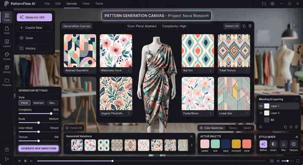Screenshot of an AI pattern generation interface for fashion design, displaying various digital patterns.