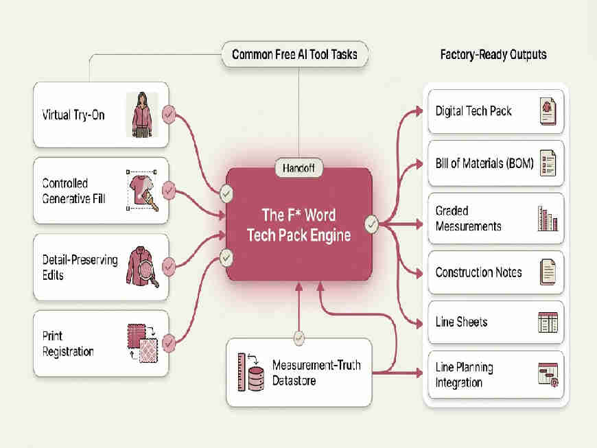 Orchestration diagram where free AI tools flow into The F* Word tech pack engine, which outputs digital tech packs, BOMs, and graded measurements, all anchored by a shared measurement‑truth datastore.