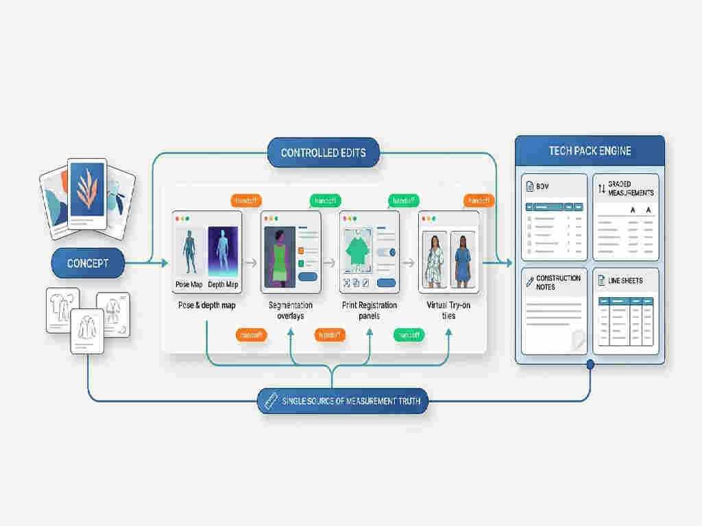 Hero workflow map showing fashion design moving from concept and controlled AI edits into a tech pack engine with BOMs and graded measurements, connected by clear handoffs and a measurement-truth spine.