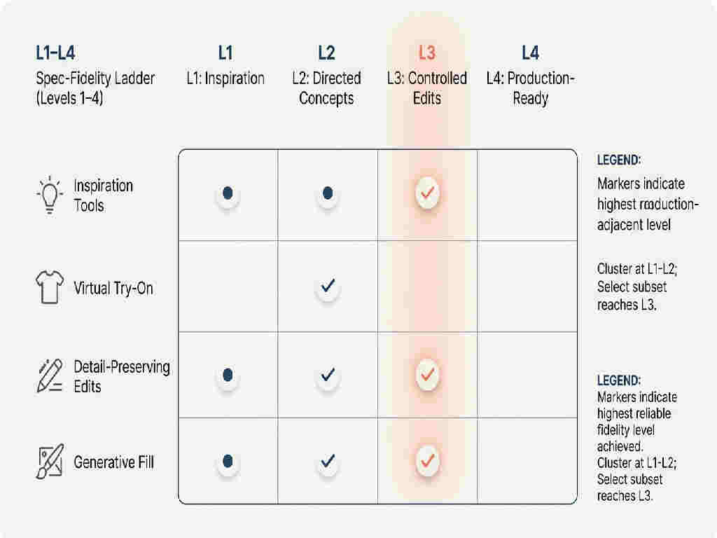 Matrix chart showing generic fashion AI tools mapped against four spec‑fidelity levels, with most tools at Levels 1 to 2 and a few reaching Level 3 for production-adjacent use.