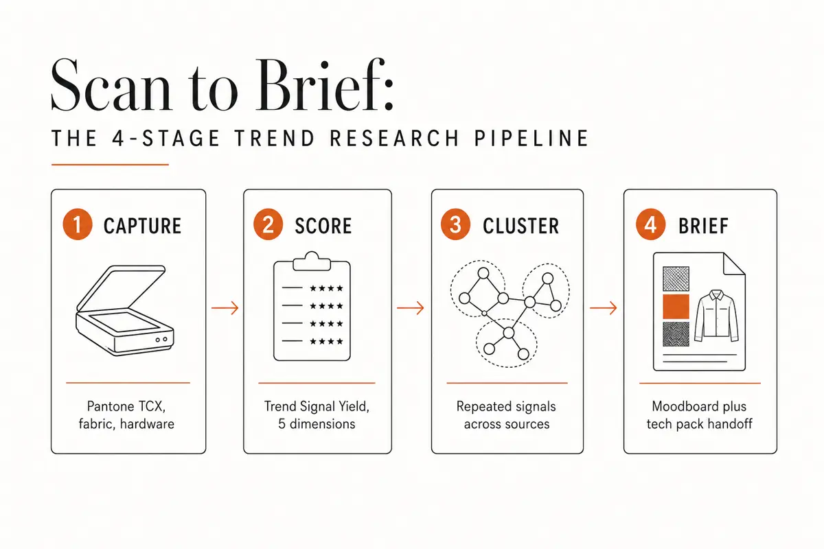 Four-stage trend research pipeline diagram: Capture with scanner, Score with Trend Signal Yield, Cluster repeated signals across sources, Brief into moodboard plus tech pack handoff.