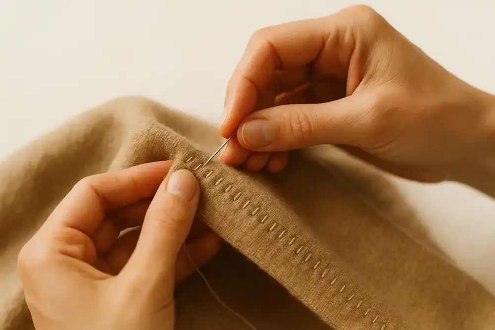 A close-up of a sewing machine stitching fabric, illustrating how fashion trend analysis software informs design.
