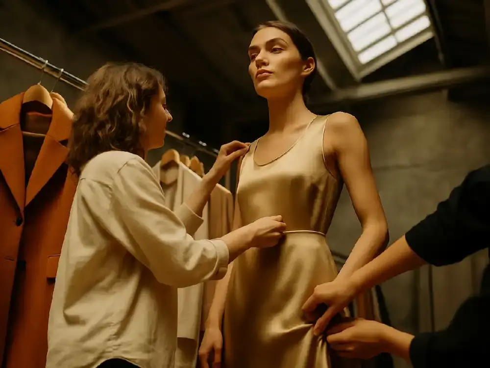 A model in a shimmering gold dress poses, illustrating how fashion trend analysis software informs stunning designs.