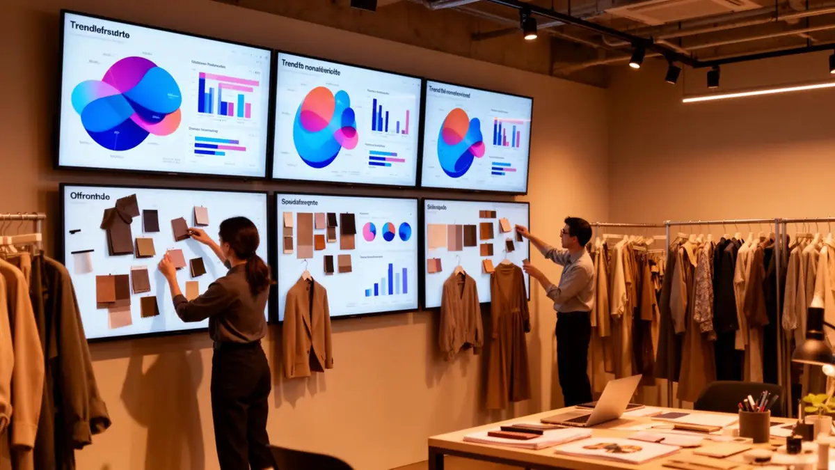 Brand war-room with trend dashboards on the wall and designers pinning fabric swatches