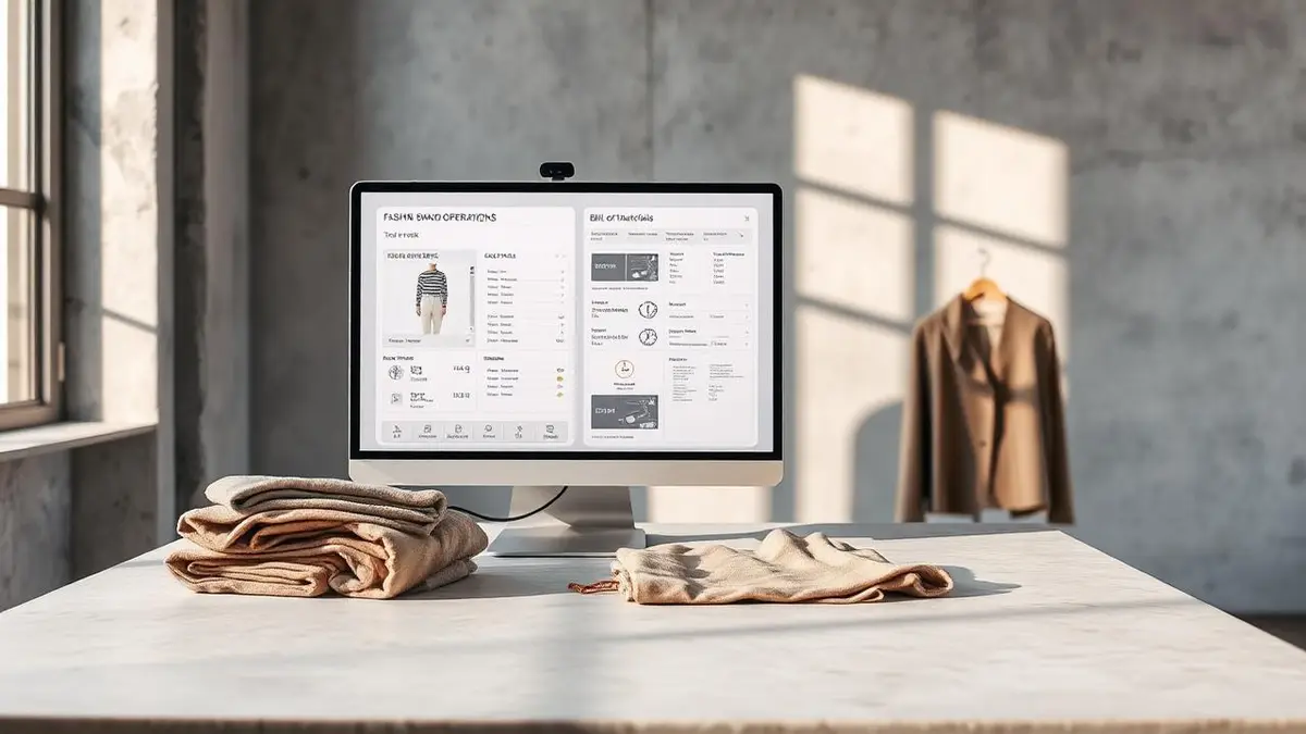 Modern fashion brand operations workspace with a digital tech pack on a monitor next to fabric swatches