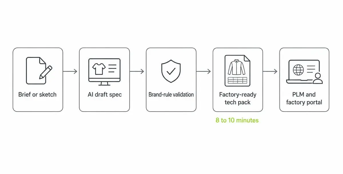 Process diagram showing brief or sketch moving through AI draft spec, brand-rule validation, factory-ready tech pack in 8 to 10 minutes, and PLM or factory portal