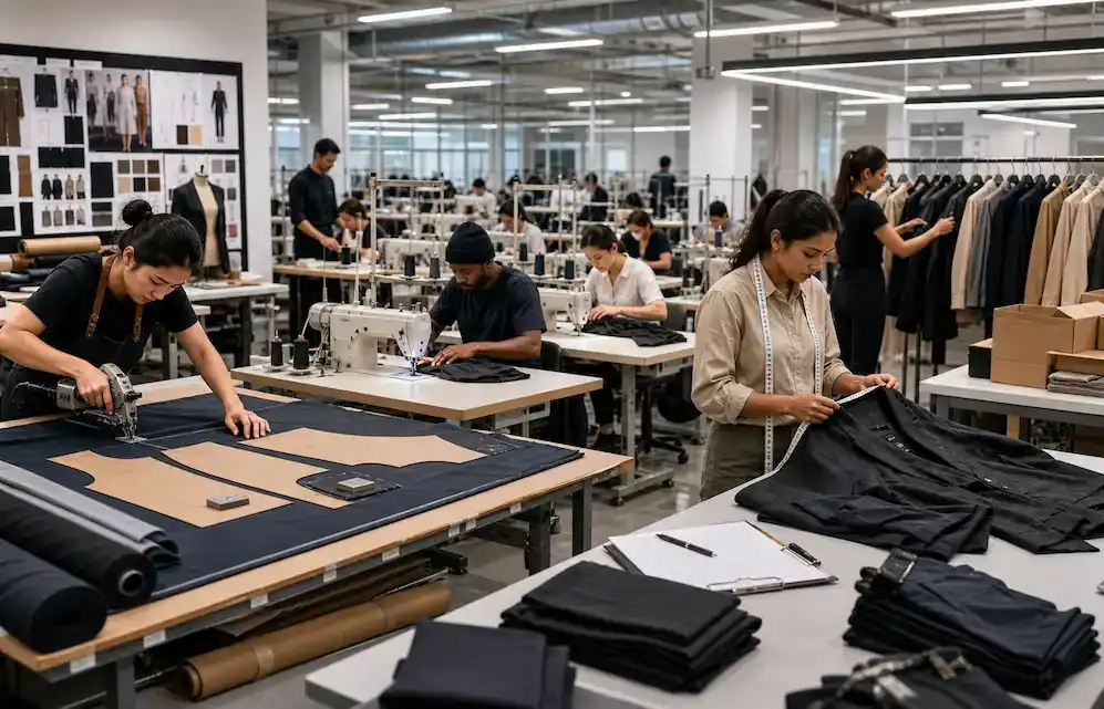 A modern garment production atelier with workers and machinery, illustrating the benefits of fashion production automation software.