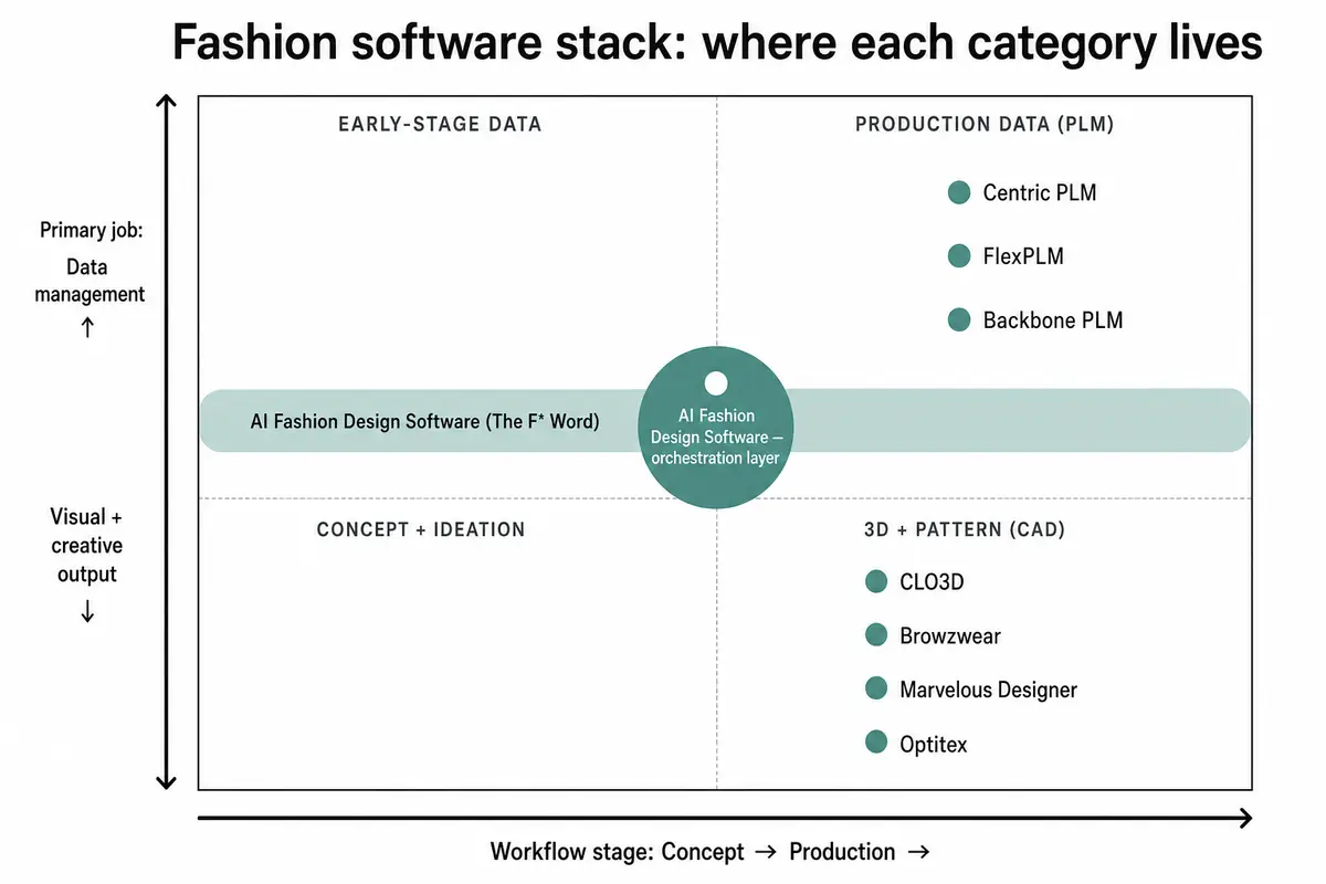 2x2 quadrant plotting fashion software categories by workflow stage and data vs visual job, with AI design software spanning the middle as an orchestration layer