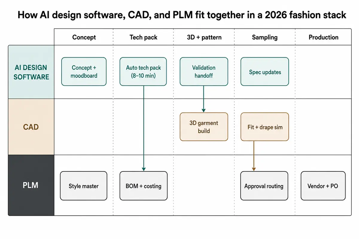 Swimlane workflow diagram showing AI design software, CAD, and PLM stacked across concept, tech pack, 3D, sampling, and production stages with arrows for data handoffs