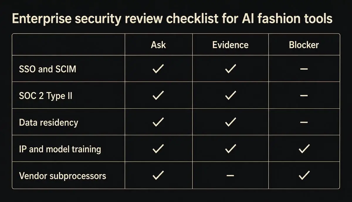 Checklist matrix covering SSO, SOC 2 Type II, data residency, IP and model training, and subprocessors across ask, evidence and blocker columns