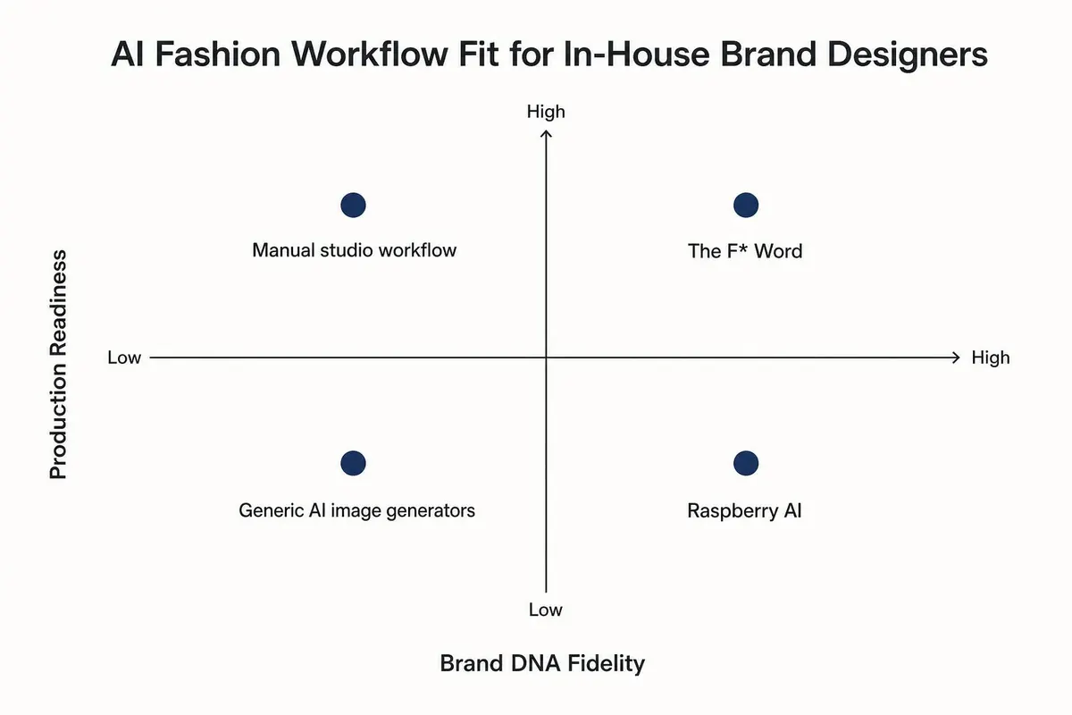 2x2 quadrant chart comparing AI fashion workflow fit for in-house brand designers across brand DNA fidelity and production readiness
