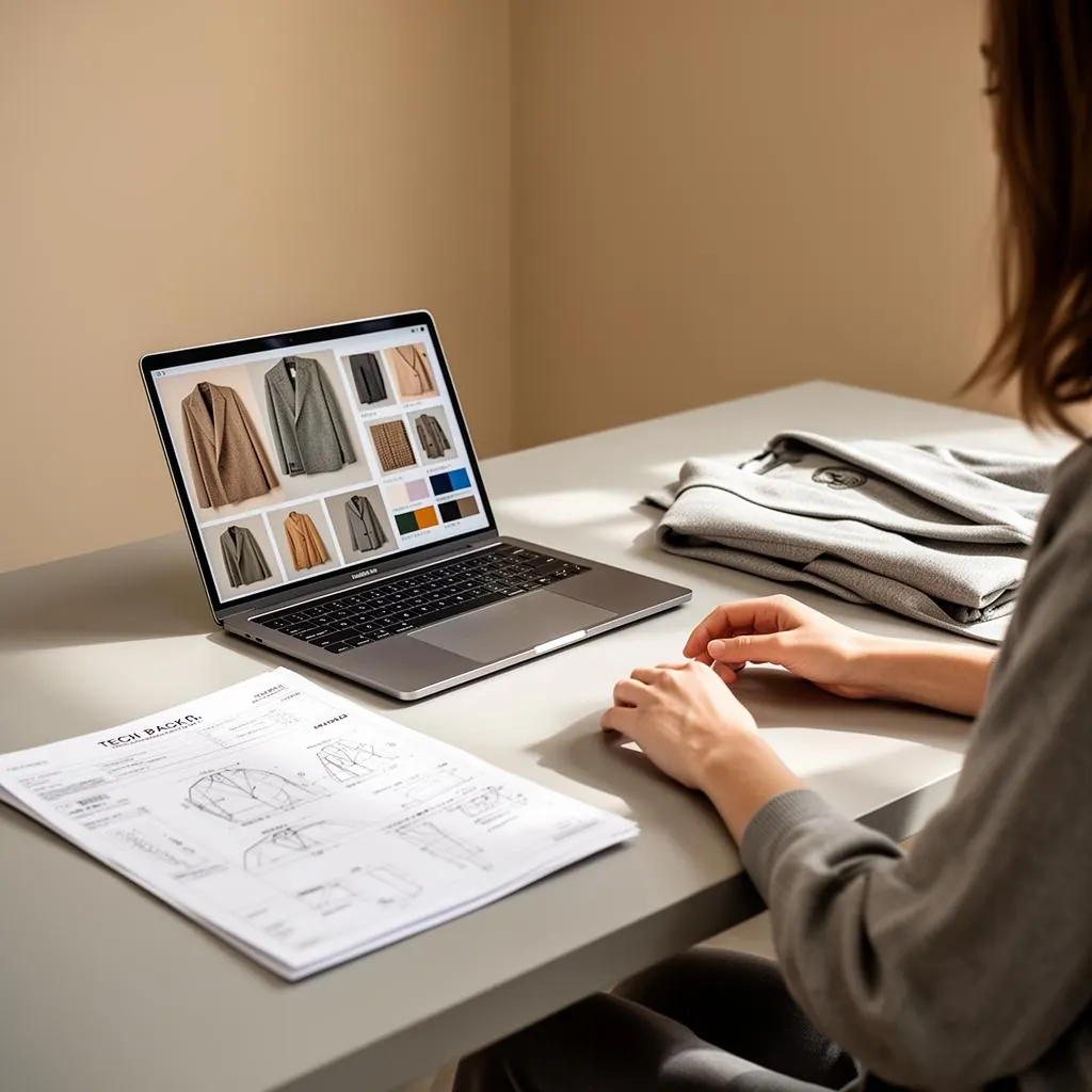 In-house fashion designer at brand studio desk reviewing moodboard on laptop with printed tech pack alongside