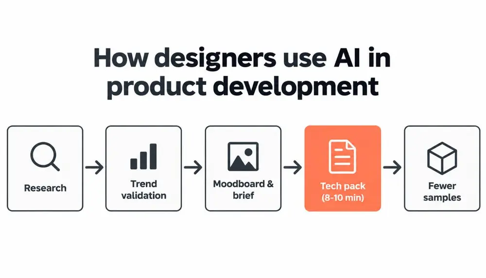 How designers use AI in product development: research, trend validation, moodboard and brief, tech pack in 8 to 10 minutes, fewer samples