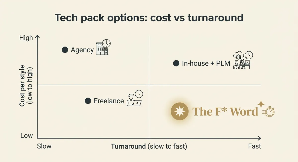 Four ways to get a tech pack: cost comparison: Tech pack options: cost vs turnaround chart