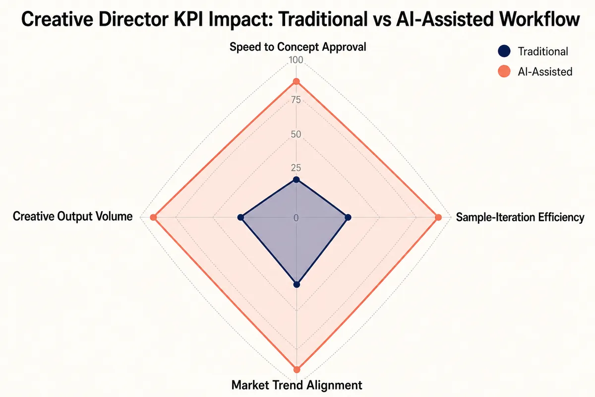 Chart: A radar chart showing the impact of AI on creative director KPIs. The chart compares 'Traditional Methods' vs. 'AI-Assisted Workflow' across four axes: Time to Concept Approval (shortened), Sample Iterations (reduced), Market Trend Alignment (increased), and Creative Output Volume (increased).