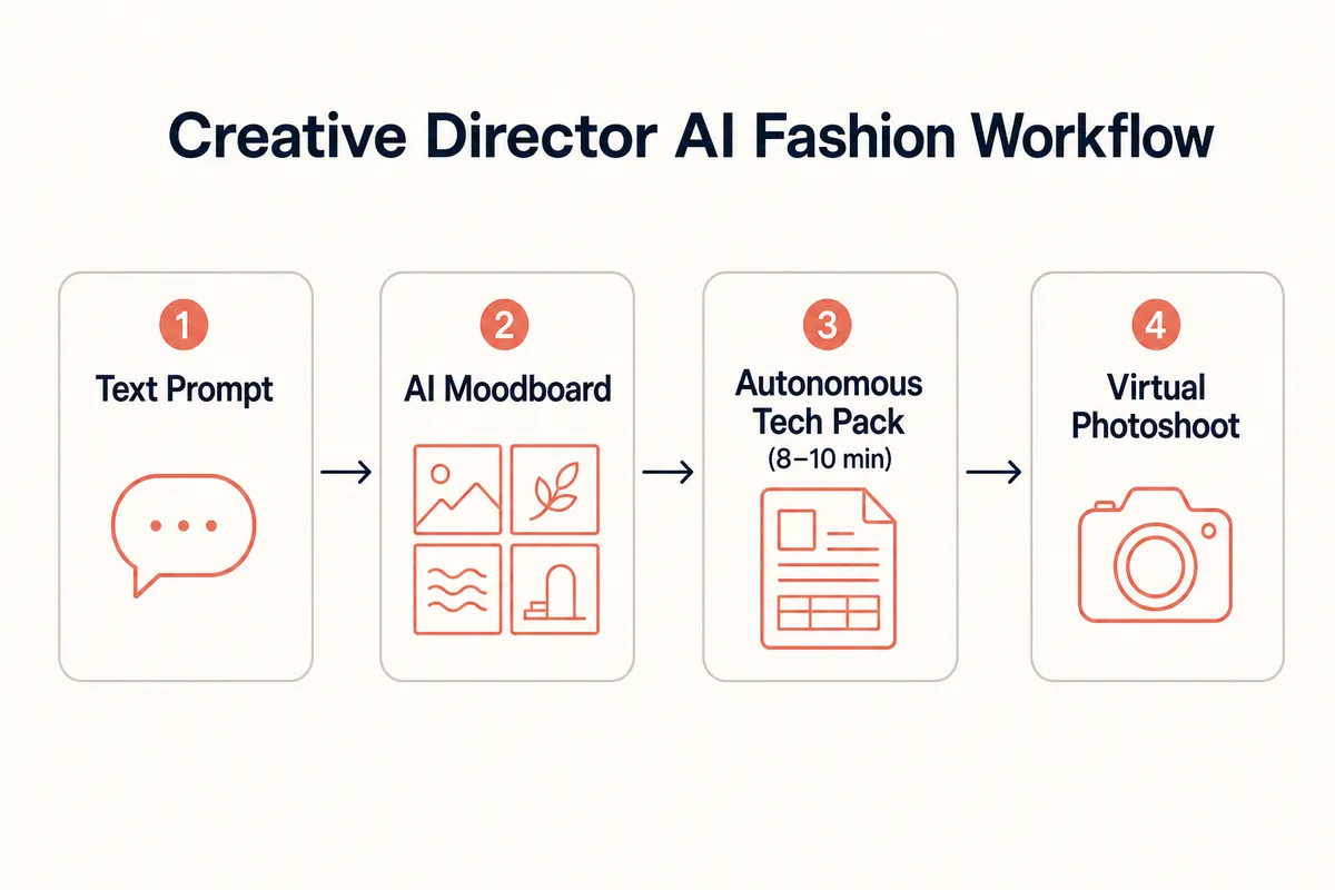 A flow diagram showing the creative director AI fashion workflow, starting with a text prompt, moving to an AI-generated moodboard, then to an autonomous tech pack, and finally to a virtual photoshoot for e-commerce.