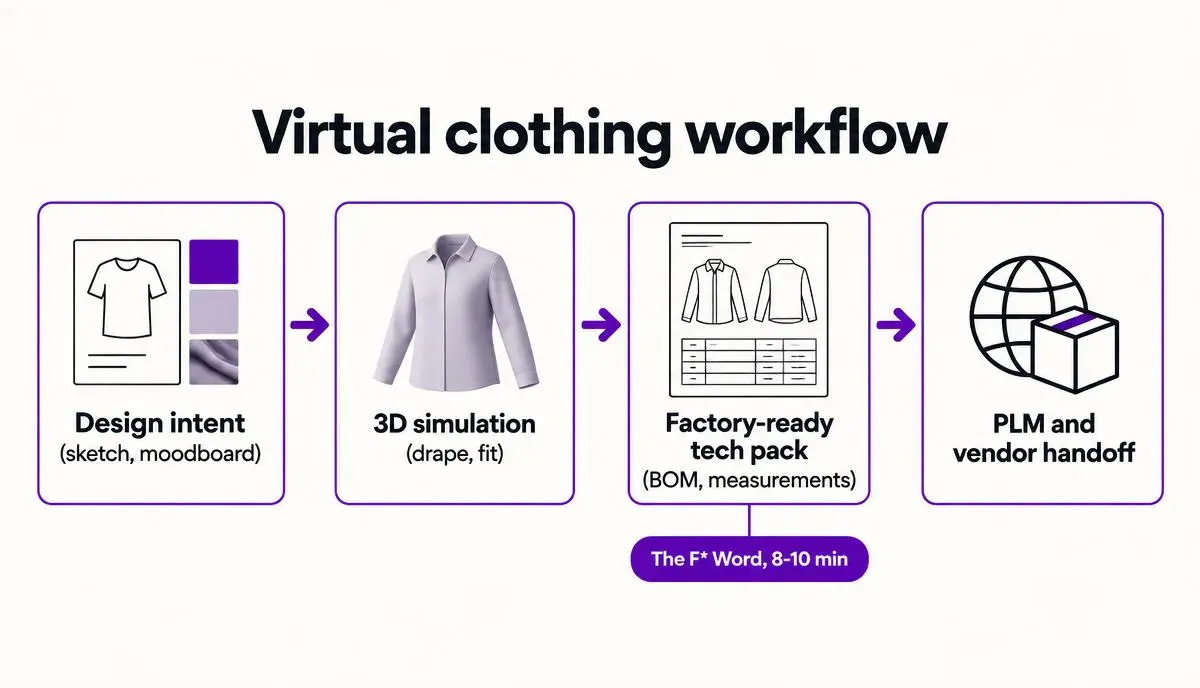 Pragmatic workflow: design intent to 3D simulation to factory-ready tech pack to PLM and vendor handoff