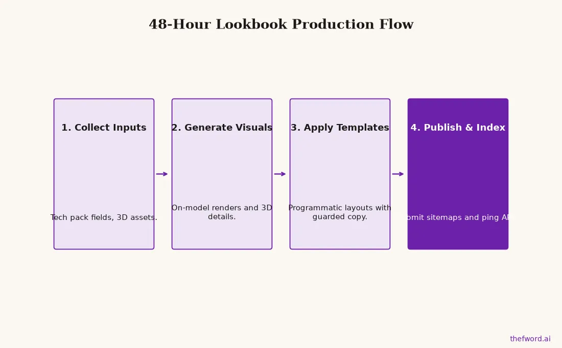 Flowchart shows four steps for a rapid lookbook launch: collecting inputs, generating visuals, applying templates, and