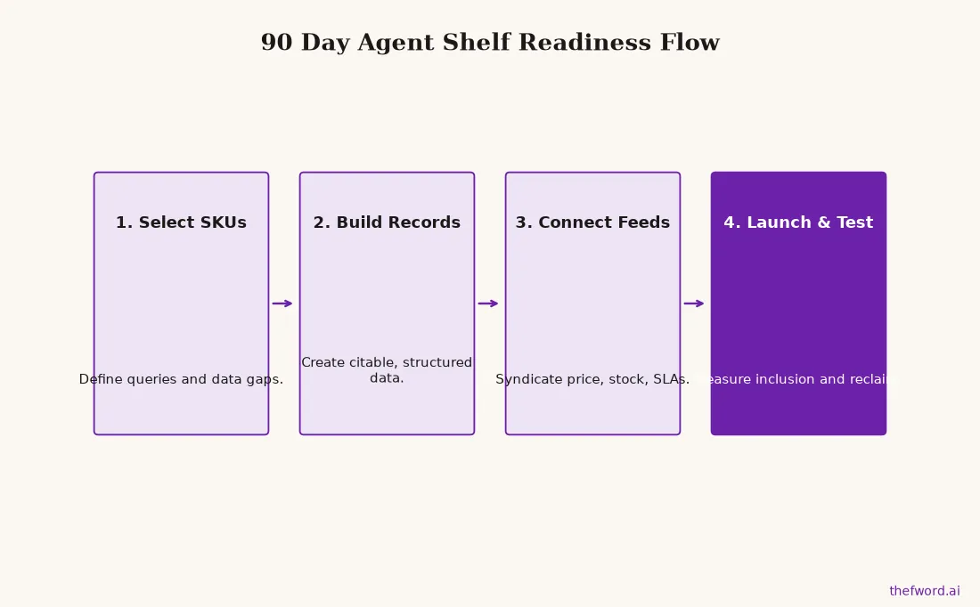 Flow chart showing a 90 day process for agentic commerce readiness, starting with SKU selection and ending with launch