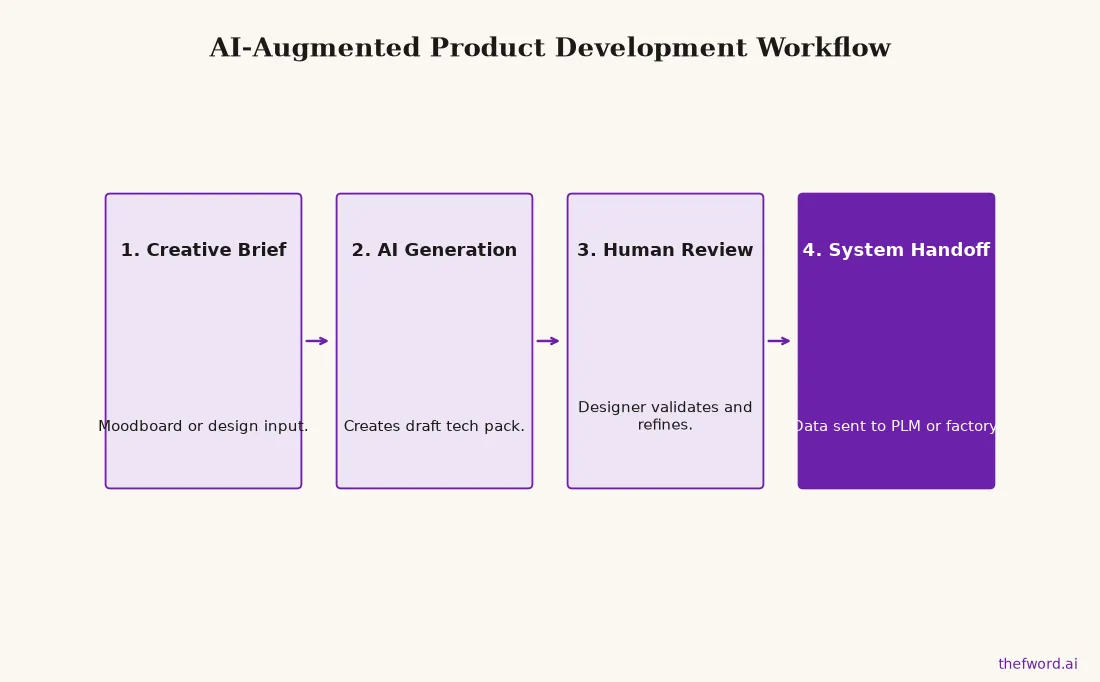 Flowchart showing an accelerated four-step AI workflow: Creative Brief, AI Generation, Human Review, and System Handoff