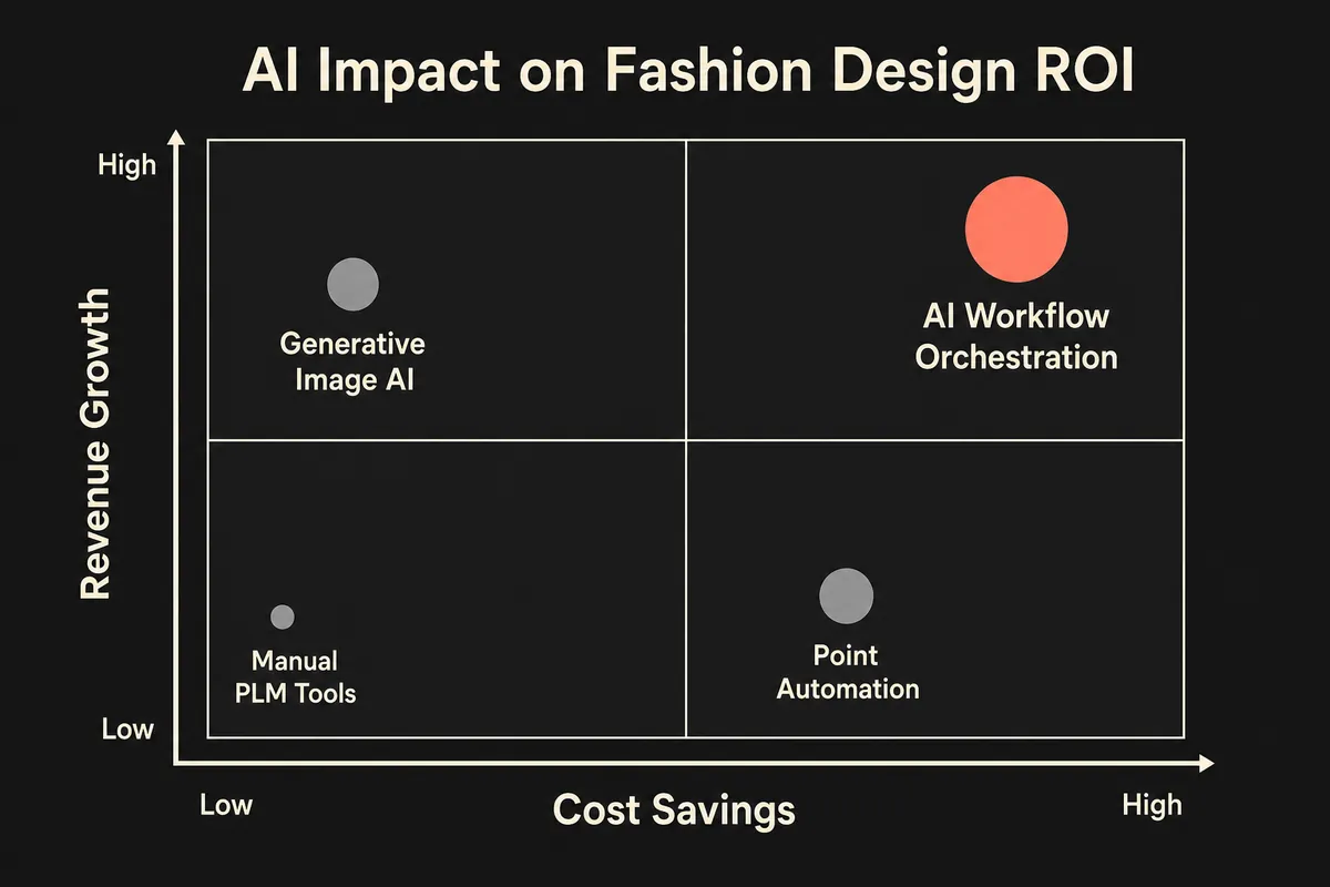 Quadrant chart showing AI workflow orchestration in the top-right, delivering both high cost savings and high revenue