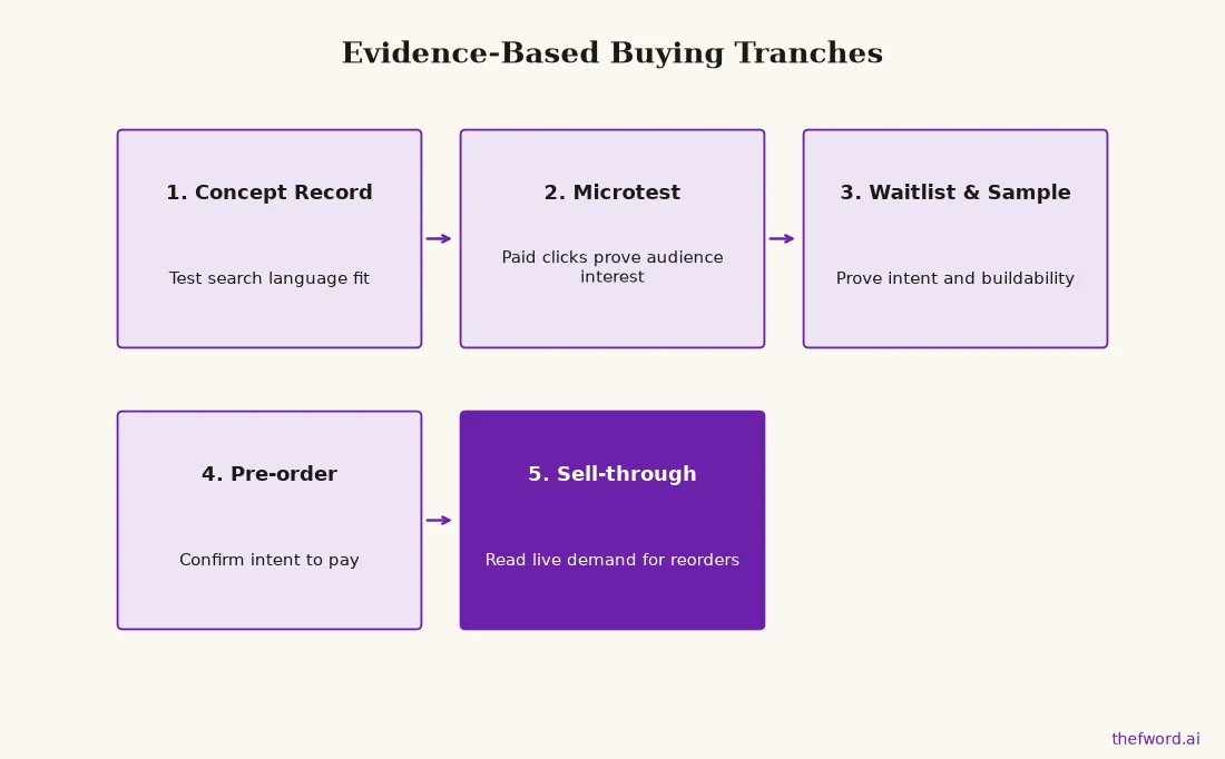 Flowchart showing five stages of evidence-based buying, from concept record and microtests to waitlists and