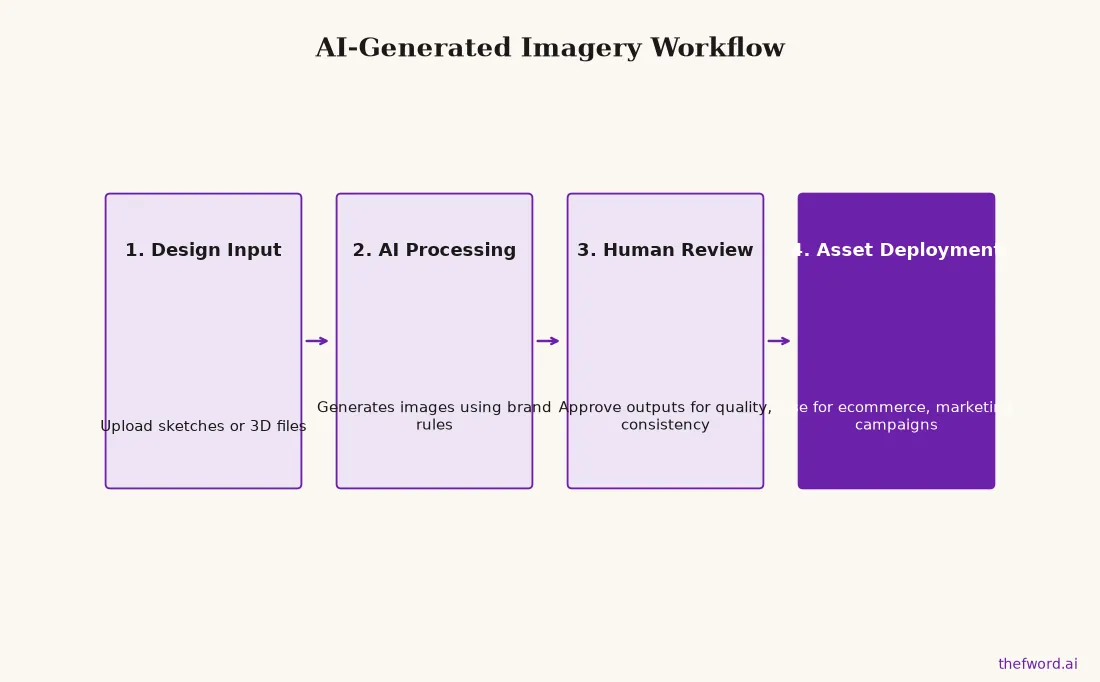 A flow chart showing the four stages of creating AI-generated fashion imagery: Design Input, AI Processing, Human
