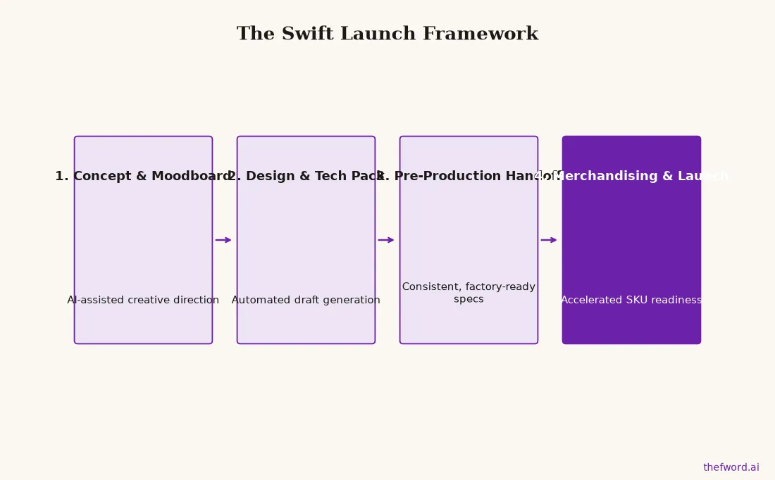 A flow chart showing the four stages of the Swift Launch Framework, from initial concepting to final product launch.