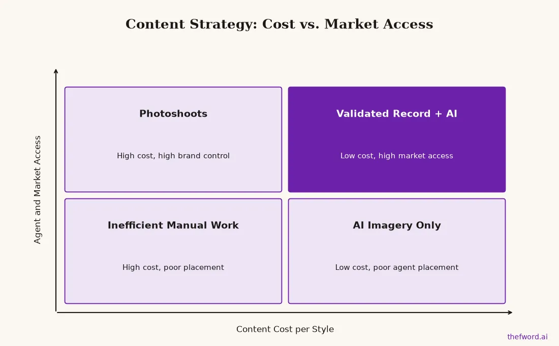 Matrix comparing content strategies by cost and market access, with 'validated record plus AI' in the best quadrant.