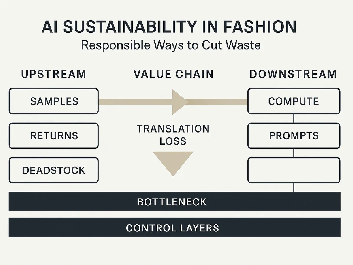 A conceptual image showing digital grid lines over a photo of sustainable fabrics, symbolizing AI's role in fashion