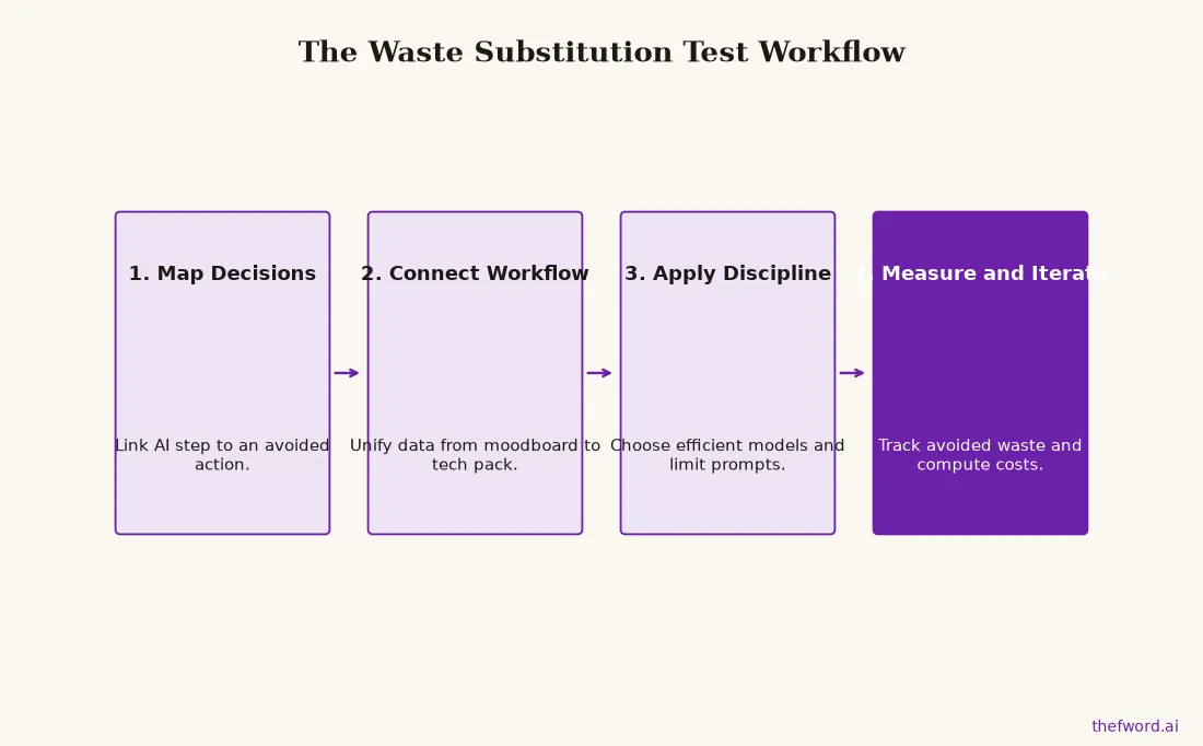 A flow chart showing four steps for responsible AI adoption: map decisions, connect workflow, apply discipline, and