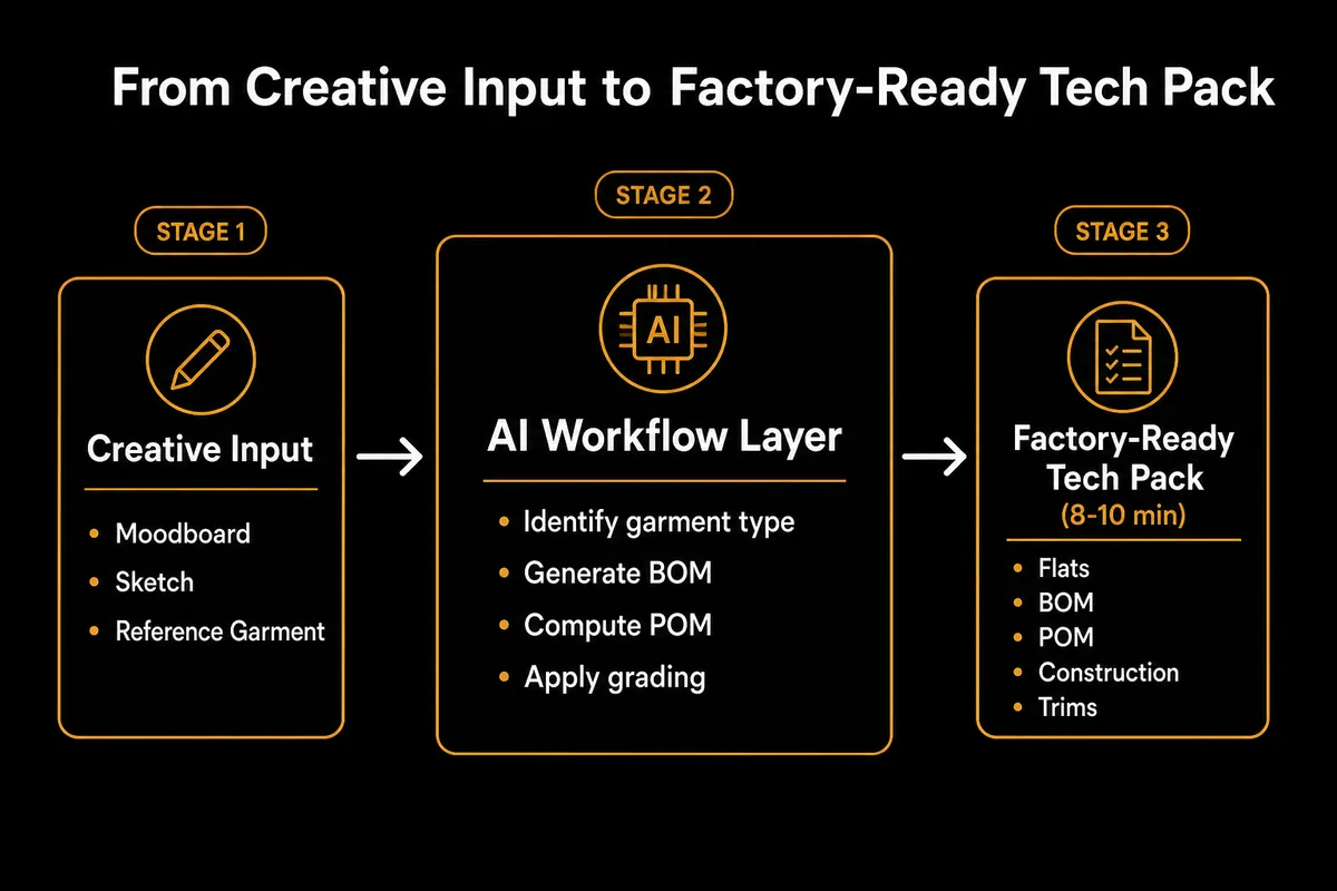 A diagram showing how an AI workflow converts creative inputs like sketches into a structured, factory-ready tech pack