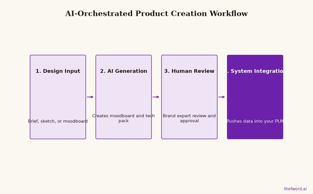 Flow chart of the AI-orchestrated fashion workflow, from design input to AI generation, human review, and final data