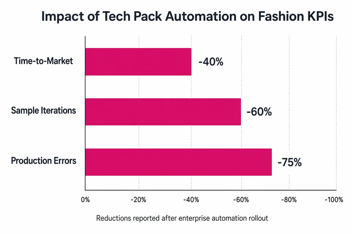 Bar chart showing large reductions in time-to-market, sample iterations, and production errors from automation.