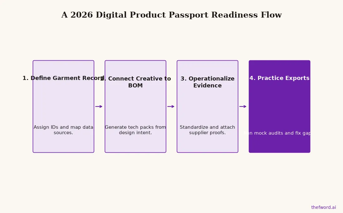 A four-step flowchart showing a readiness sequence for the EU Digital Product Passport, starting with defining the