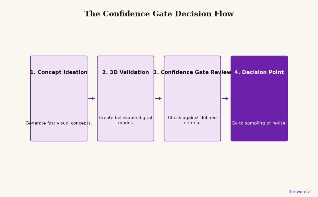 A flow chart showing the four steps of the Confidence Gate process, from concept ideation to the final sampling
