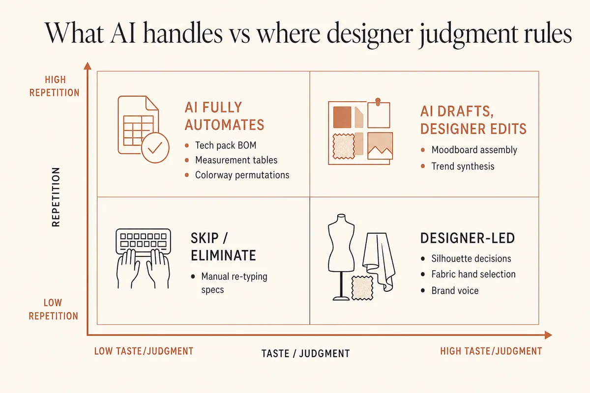 Matrix diagram mapping design tasks by judgment vs. repetition, clarifying what AI automates and what designers control.