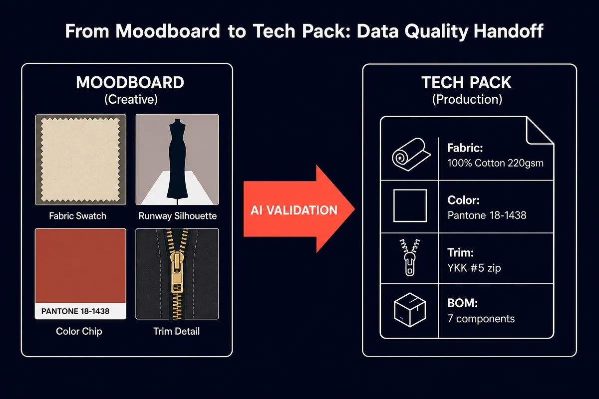 An image shows a direct link from a creative moodboard with photos and swatches to a structured, factory-ready tech