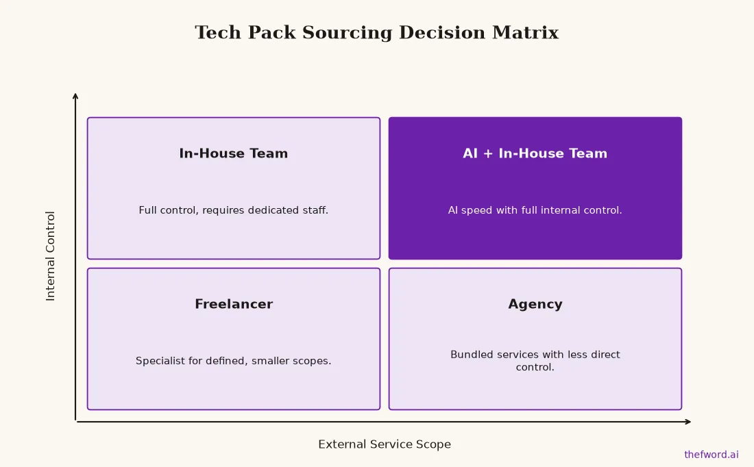 A decision matrix for sourcing tech packs, plotting internal control against external service scope, with quadrants for