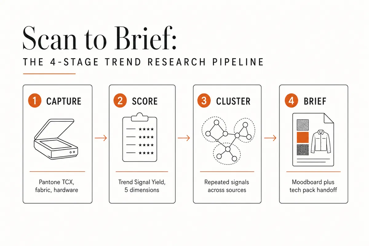 Flowchart of a four-stage trend research process: Capture references, Score signals, Cluster themes from repeating