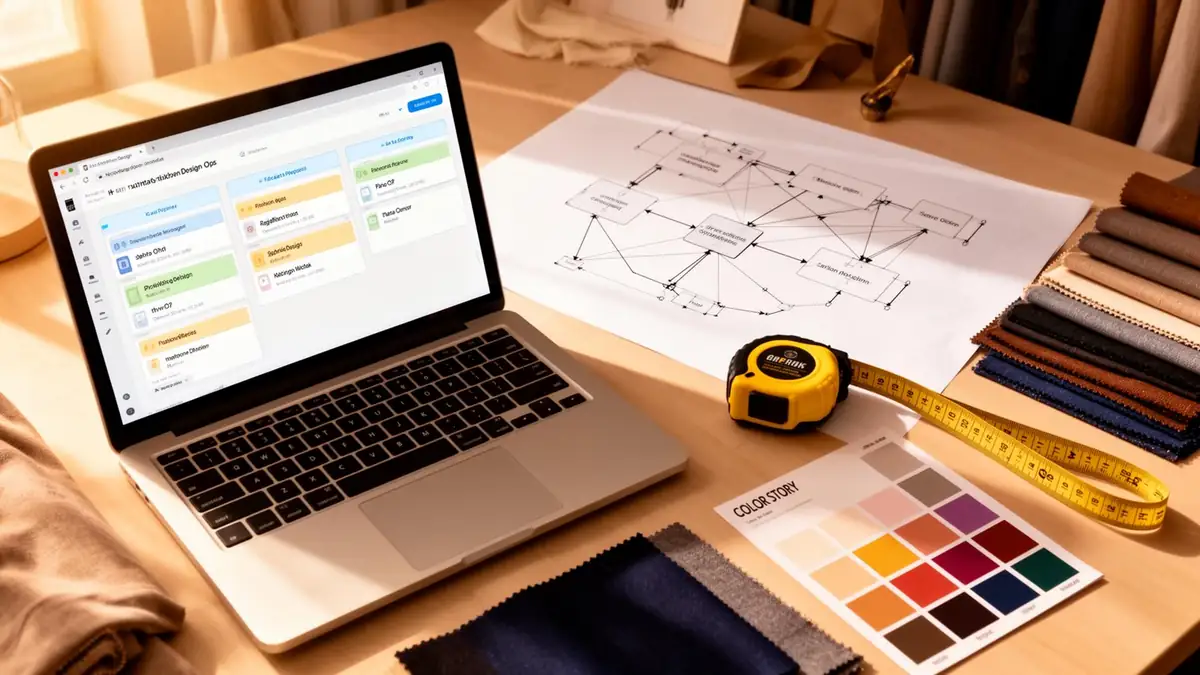 Design ops workspace with pipeline architecture sketch, kanban board, fabric swatches and color story