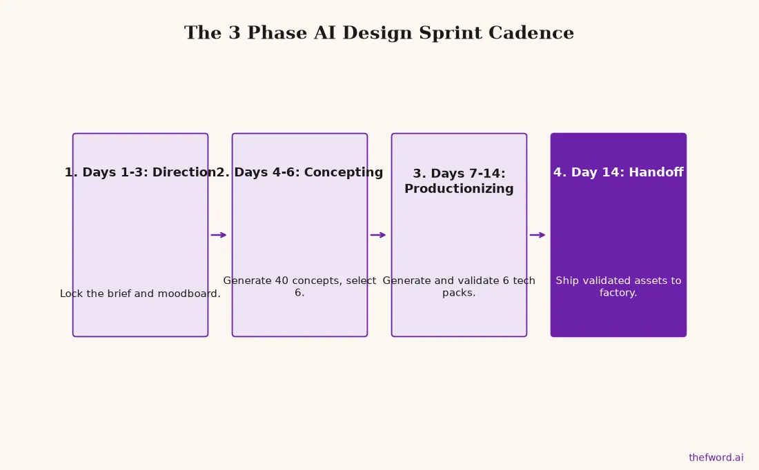 A flowchart of the 14 day AI design sprint, showing the Direction, Concepting, and Productionizing phases leading to