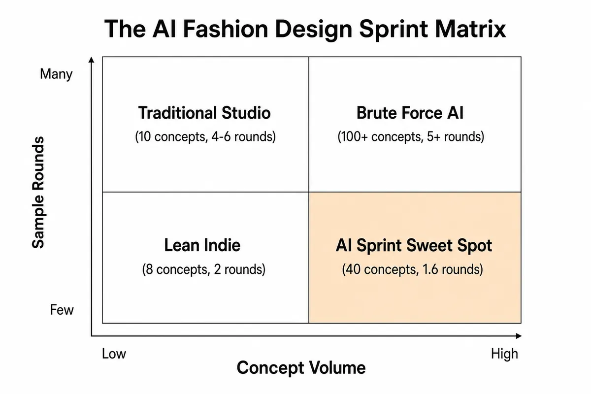 A 2x2 matrix comparing design workflows by concept volume versus sample rounds, highlighting the AI sprint sweet spot.