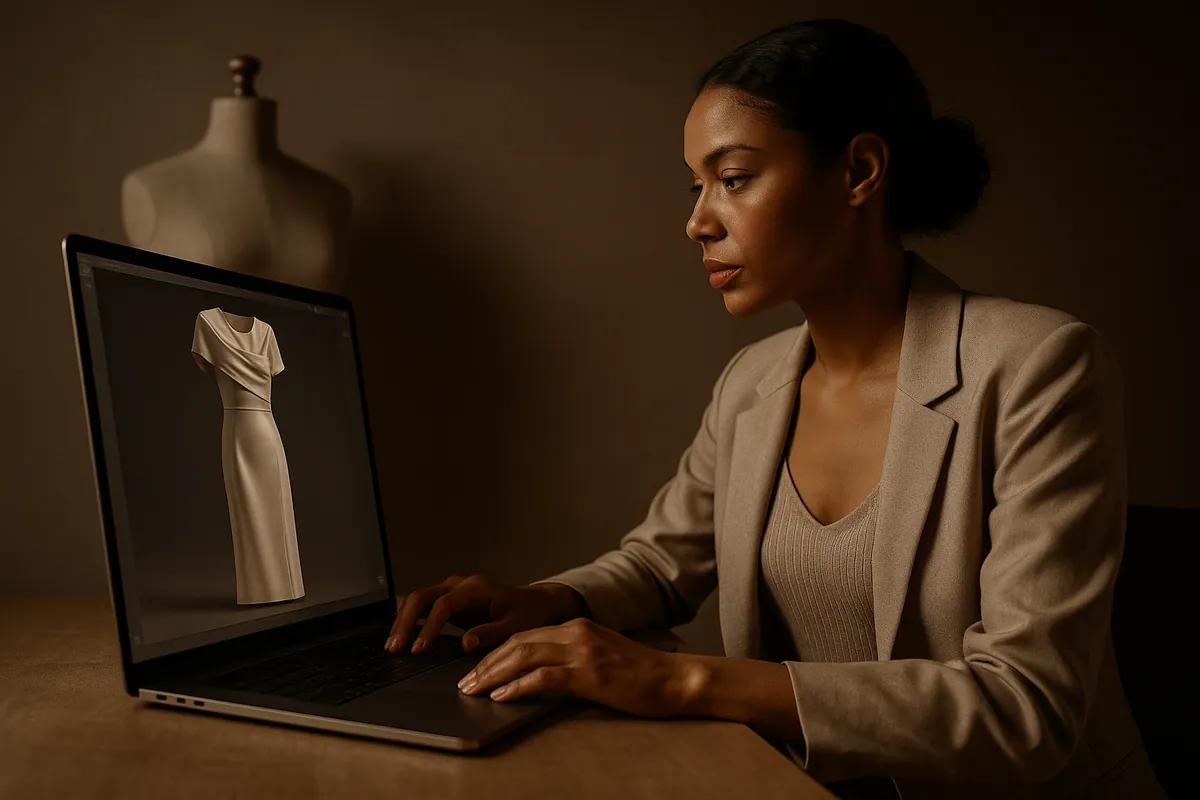 A designer at a computer screen adjusting sliders and parameters, representing the process of encoding brand