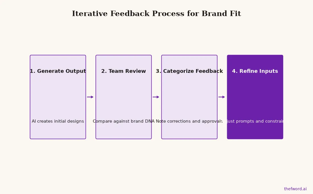 A flow chart showing the four-step iterative cycle for refining AI design outputs to match brand identity, starting